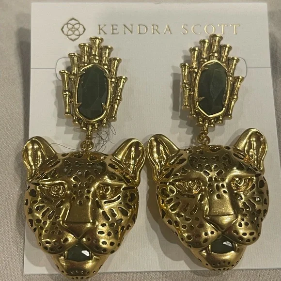 Kendra Scott Maura Vintage Gold Jaguar statement earrings in SAGE. NEW - Picture 3 of 9